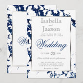 Marineblauwe marmeren, zilveren en witte uitnodigi kaart (Voorkant / Achterkant)