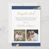 Marineblauwe Menora Hanukkah kaart met goud folie (Achterkant)