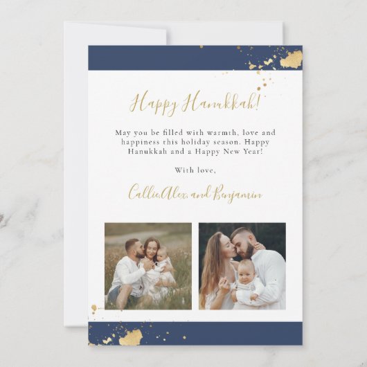 Marineblauwe Menora Hanukkah kaart met goud folie (Achterkant)