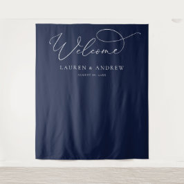 Marineblauwe minimalistische trouwfotocabine achte wandkleed