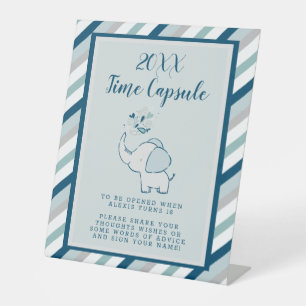 Marineblauwe & Mint Olifant Baby Shower Tijd Capsu Reclamebord Met Voetstuk