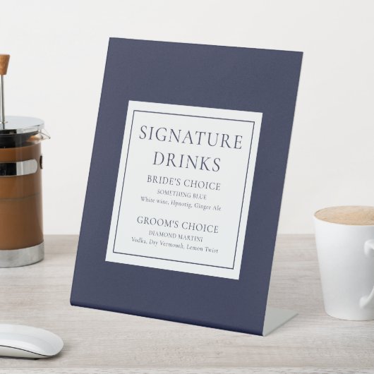 Marineblauwe moderne klassieke signature-dranken reclamebord met voetstuk (Insitu)