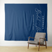 Marineblauwe moderne script bruiloftsshower achter wandkleed (In Situ (horizontaal))