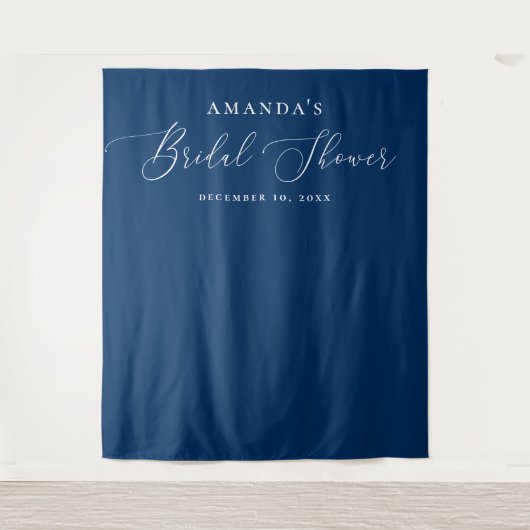 Marineblauwe moderne script bruiloftsshower achter wandkleed (Voorkant)