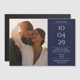 Marineblauwe Moderne Trouwfoto Save The Date Magnetische Uitnodiging