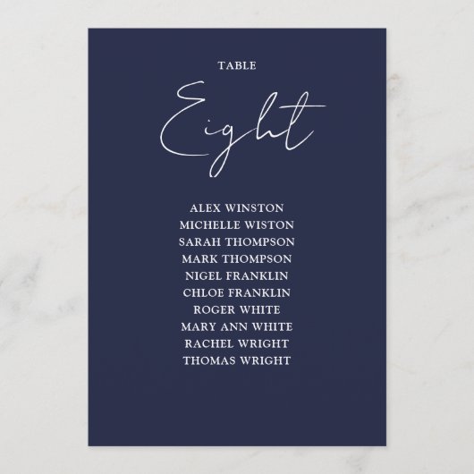 Marineblauwe moderne zitplaatskaart tafelnummer (Voorkant)