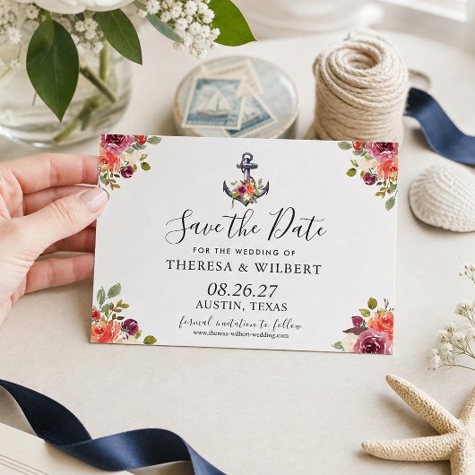 Marineblauwe Nautilus Anker Bloemige Bewaar De Dat Save The Date