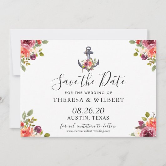 Marineblauwe Nautilus Anker Bloemige Bewaar De Dat Save The Date (Voorkant)