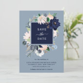 Marineblauwe Nautische Bloemen Save The Date (Staand voorkant)