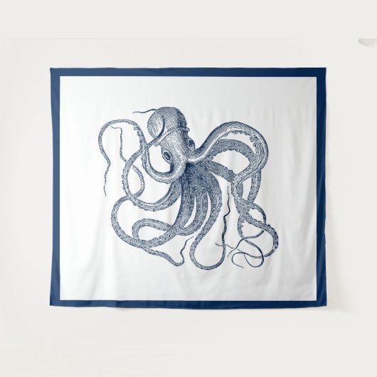 Marineblauwe nautische  octopus wandkleed (Voorkant (horizontaal))