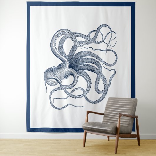 Marineblauwe nautische  octopus wandkleed (In situ)