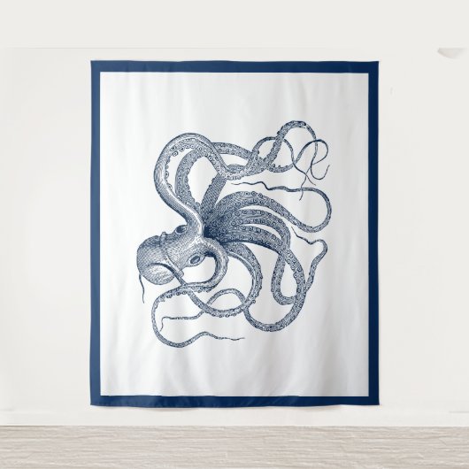 Marineblauwe nautische  octopus wandkleed (Voorkant)