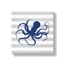 Marineblauwe Octopus Grijs en Wit Gestreepte