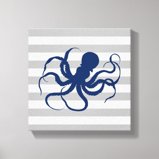 Marineblauwe Octopus Grijs en Wit Gestreepte Canvas Afdruk (Voorkant)