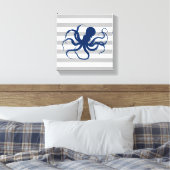 Marineblauwe Octopus Grijs en Wit Gestreepte Canvas Afdruk (Insitu (Slaapkamer))