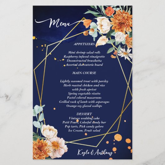 Marineblauwe oranje witte rozen menu (Voorkant)