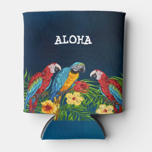 Marineblauwe papegaaien palmenbladeren aloha blikjeskoeler (Voorkant)