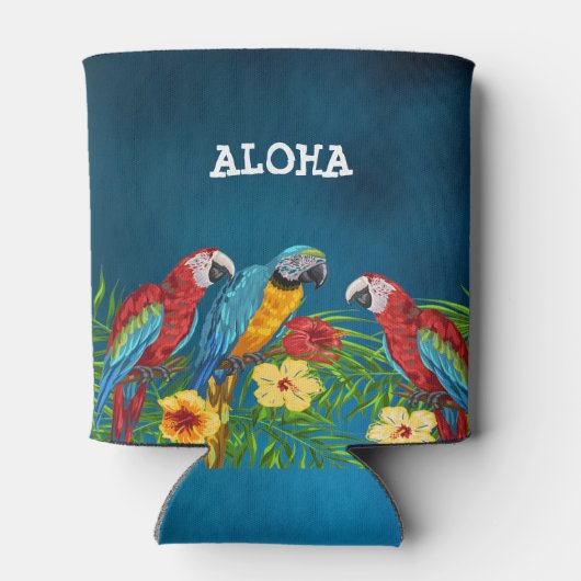 Marineblauwe papegaaien palmenbladeren aloha blikjeskoeler (Achterkant)