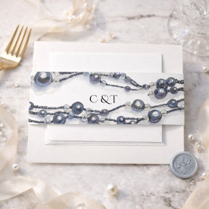 Marineblauwe Parel Waterverf Trouw Monogram Uitnodigingen Wikkel