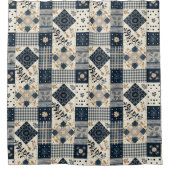 Marineblauwe Patchwork Dekbed Rustieke Bloemen Ret Douchegordijn (Voorkant)
