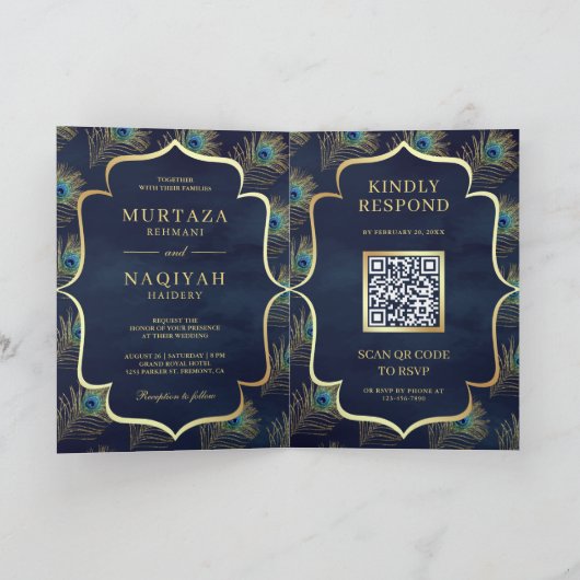 Marineblauwe Pauwveren QR-code Moslim Bruiloft (Binnen)