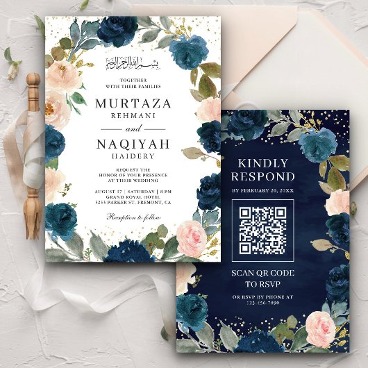 Marineblauwe Perzik Bloem QR Code Moslim Bruiloft Kaart