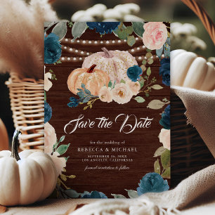 Marineblauwe Perzik Bloemige Pompoen Houten Bruilo Save The Date