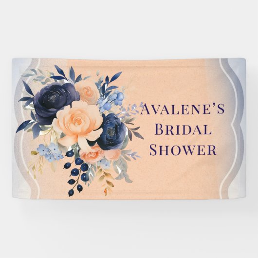 Marineblauwe Perzik Geschilderde Bloemige Bruidsdo Spandoek (Horizontaal)