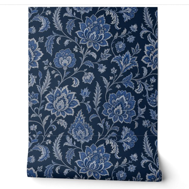 Marineblauwe Perzische Bloem Behang  (Afrollen)