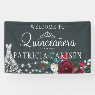 Marineblauwe prinsessenjurk bloemrijke quinceanera spandoek