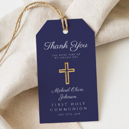 Marineblauwe religieuze kruis jongen eerste commun cadeaulabel