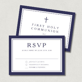 Marineblauwe religieuze kruis jongen eerste commun RSVP kaartje