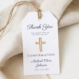 Marineblauwe religieuze kruis jongensbevestiging cadeaulabel