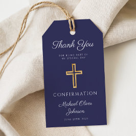 Marineblauwe religieuze kruis jongensbevestiging cadeaulabel