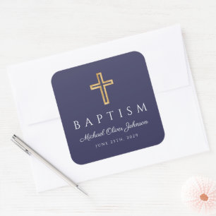 Marineblauwe religieuze kruis jongensdoop vierkante sticker