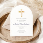 Marineblauwe religieuze kruis jongensdoopboog kaart