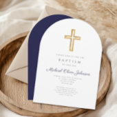 Marineblauwe religieuze kruis jongensdoopboog kaart
