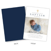 Marineblauwe religieuze kruisfoto jongensdoop kaart