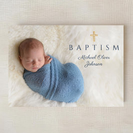 Marineblauwe religieuze kruisjongen Doopfoto Kaart