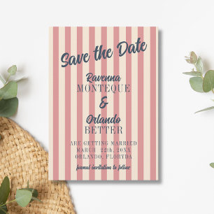 Marineblauwe Retro Roze Strepen Bruiloft Save The Date