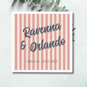 Marineblauwe Retro Roze Strepen Bruiloft Servet