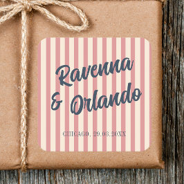 Marineblauwe Retro Roze Strepen Bruiloft Vierkante Sticker