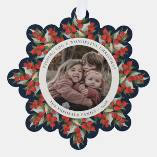 Marineblauwe Rode Bessen+Groen Kerstpapier Ornament Kaart