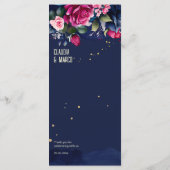 Marineblauwe roze blauwe bloemen menu template (Achterkant)