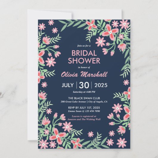 Marineblauwe Roze Bloem Spiraal Bruiloftsshower Kaart (Voorkant)