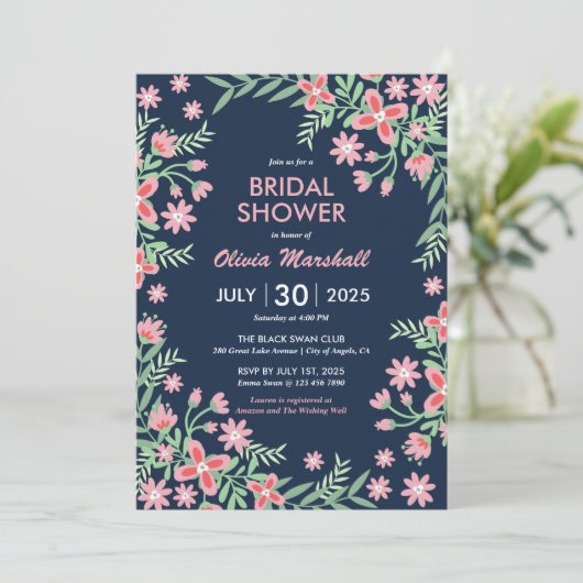 Marineblauwe Roze Bloem Spiraal Bruiloftsshower Kaart (Staand voorkant)