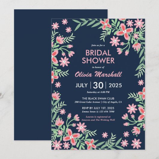 Marineblauwe Roze Bloem Spiraal Bruiloftsshower Kaart (Voorkant / Achterkant)