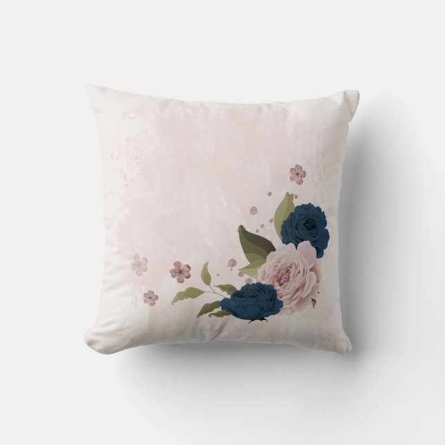 marineblauwe roze bloemen kussen (Voorkant)