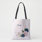 marineblauwe roze bloemen tote bag (Voorkant)