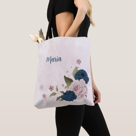 marineblauwe roze bloemen tote bag (Dichtbij)